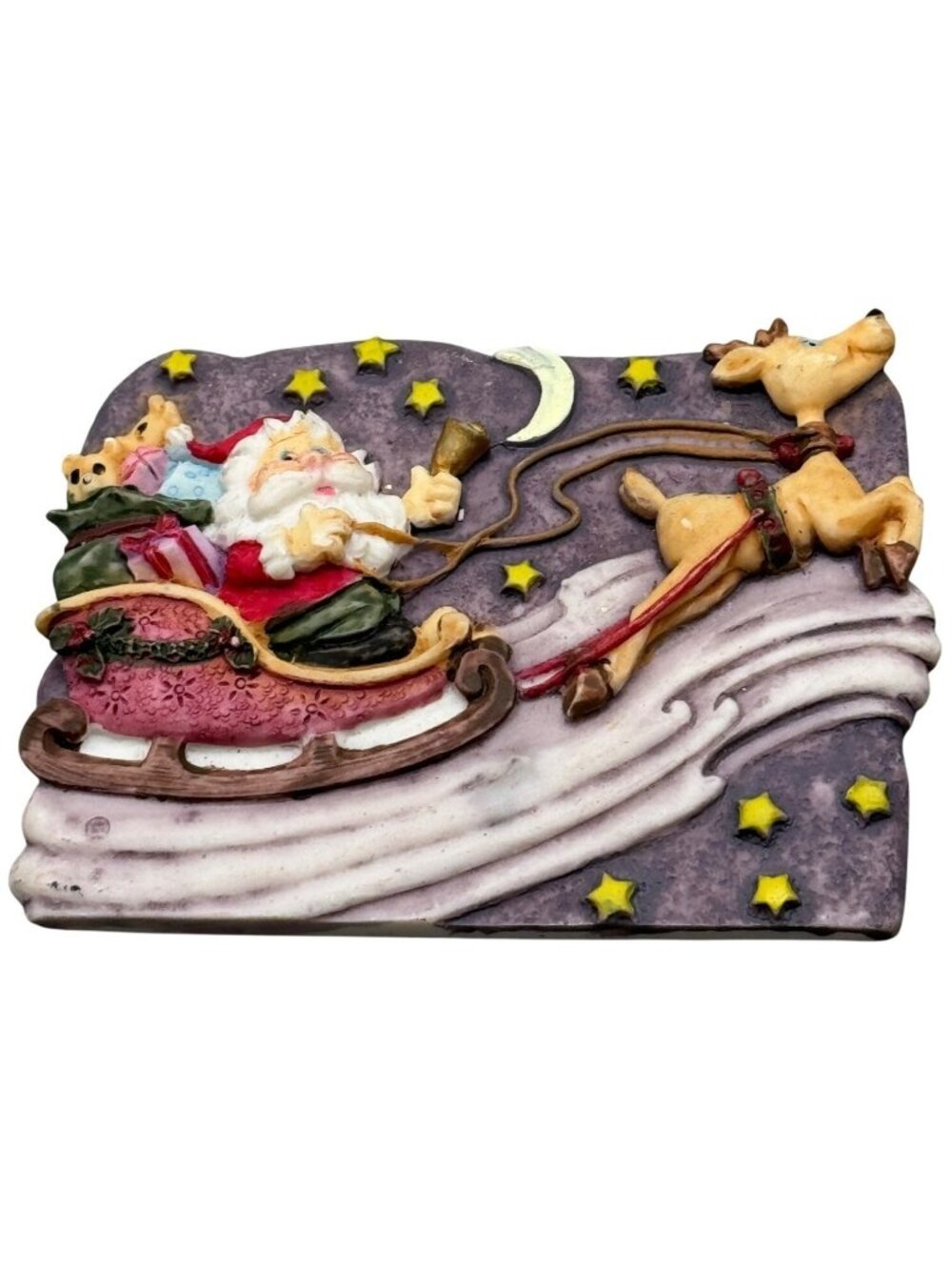 Christmas Santa sleigh decor plaque reindeer star rectangle purple moon READ
